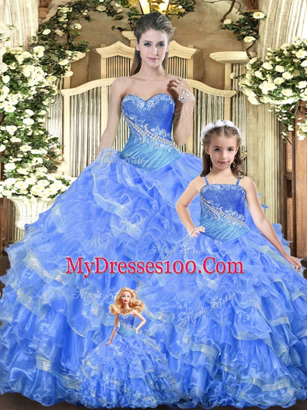 Baby Blue Ball Gowns Beading and Ruffles and Ruching Sweet 16 Quinceanera Dress Lace Up Tulle Sleeveless Floor Length