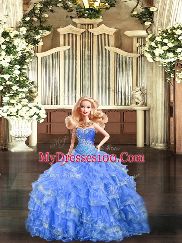 Baby Blue Ball Gowns Beading and Ruffles and Ruching Sweet 16 Quinceanera Dress Lace Up Tulle Sleeveless Floor Length
