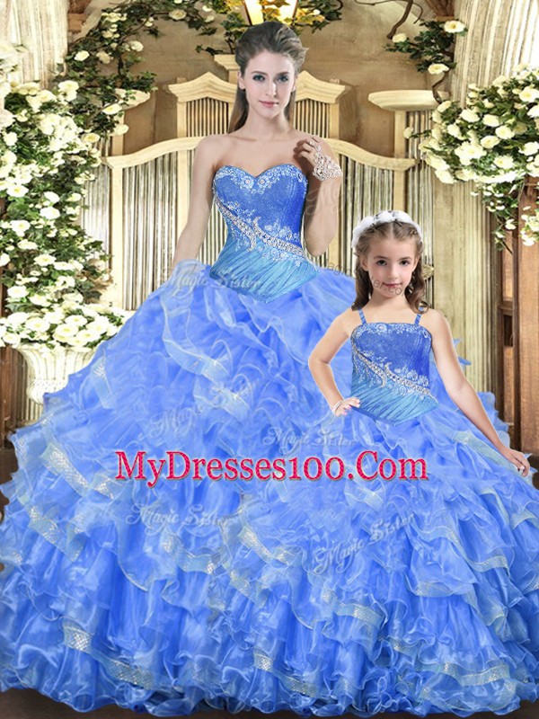 Baby Blue Ball Gowns Beading and Ruffles and Ruching Sweet 16 Quinceanera Dress Lace Up Tulle Sleeveless Floor Length