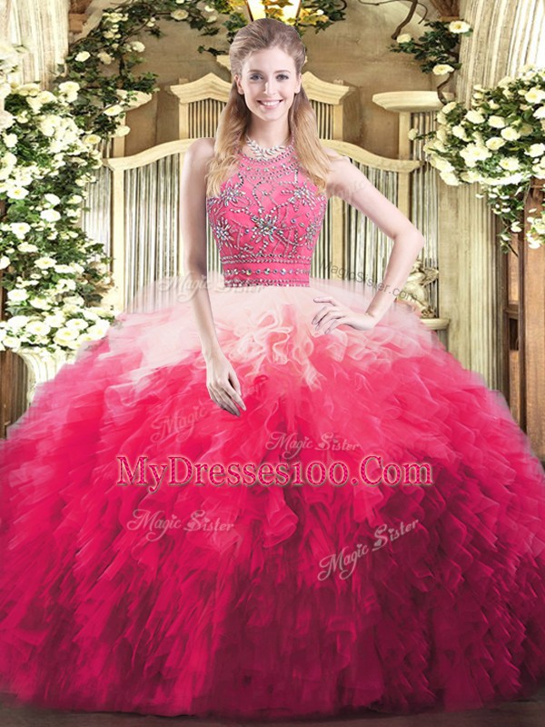 Multi-color Zipper Halter Top Beading and Ruffles Sweet 16 Dress Tulle Sleeveless