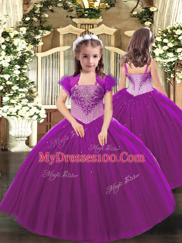 Fuchsia Tulle Lace Up Straps Sleeveless Floor Length Pageant Gowns For Girls Beading