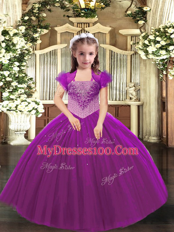Fuchsia Tulle Lace Up Straps Sleeveless Floor Length Pageant Gowns For Girls Beading