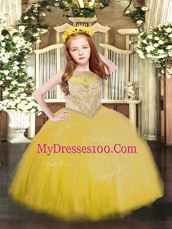 Exquisite Ball Gowns Little Girls Pageant Dress Wholesale Gold Scoop Tulle Sleeveless Floor Length Zipper
