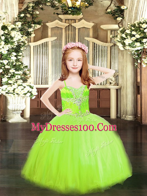 Dramatic Spaghetti Straps Sleeveless Little Girls Pageant Gowns Floor Length Beading Yellow Green Tulle