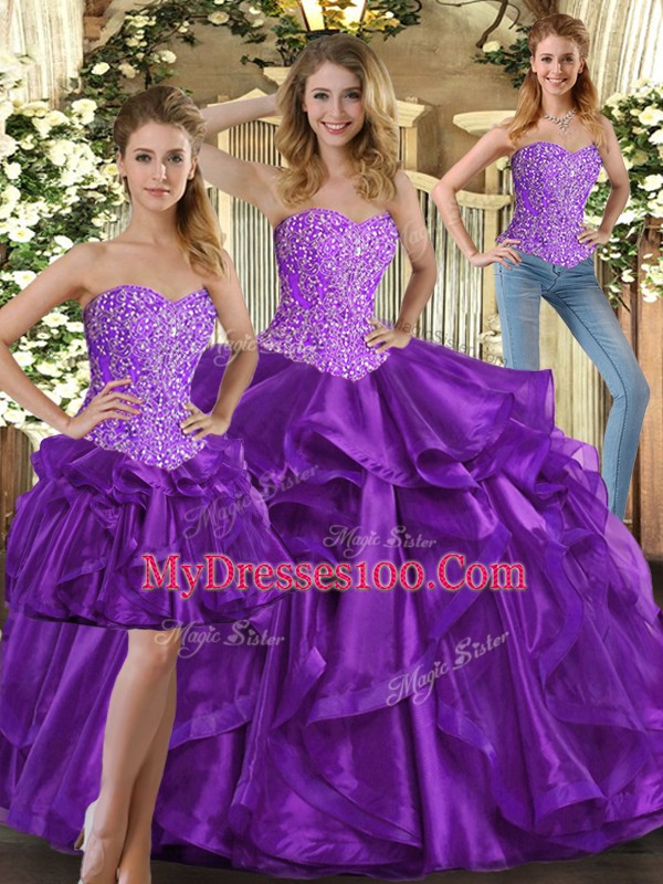 Hot Selling Sleeveless Floor Length Beading and Ruffles Lace Up Quinceanera Gowns with Eggplant Purple