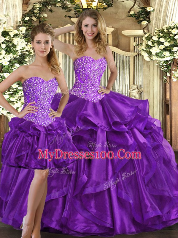 Hot Selling Sleeveless Floor Length Beading and Ruffles Lace Up Quinceanera Gowns with Eggplant Purple