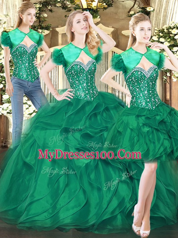 Dark Green Lace Up Sweetheart Beading and Ruffles Vestidos de Quinceanera Tulle Sleeveless