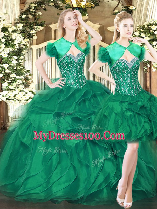 Dark Green Lace Up Sweetheart Beading and Ruffles Vestidos de Quinceanera Tulle Sleeveless