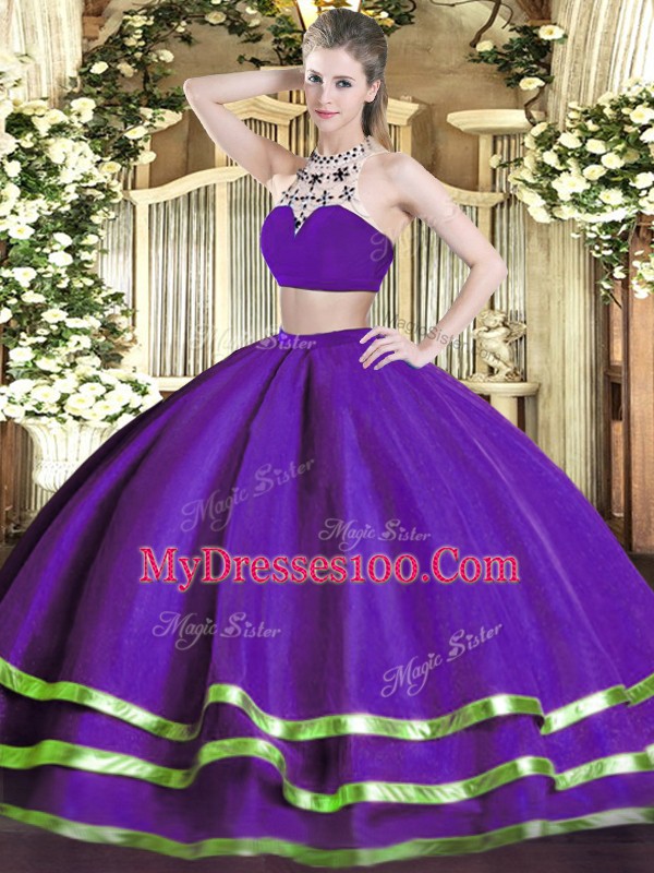 Graceful Purple Backless Quinceanera Dresses Beading Sleeveless Floor Length