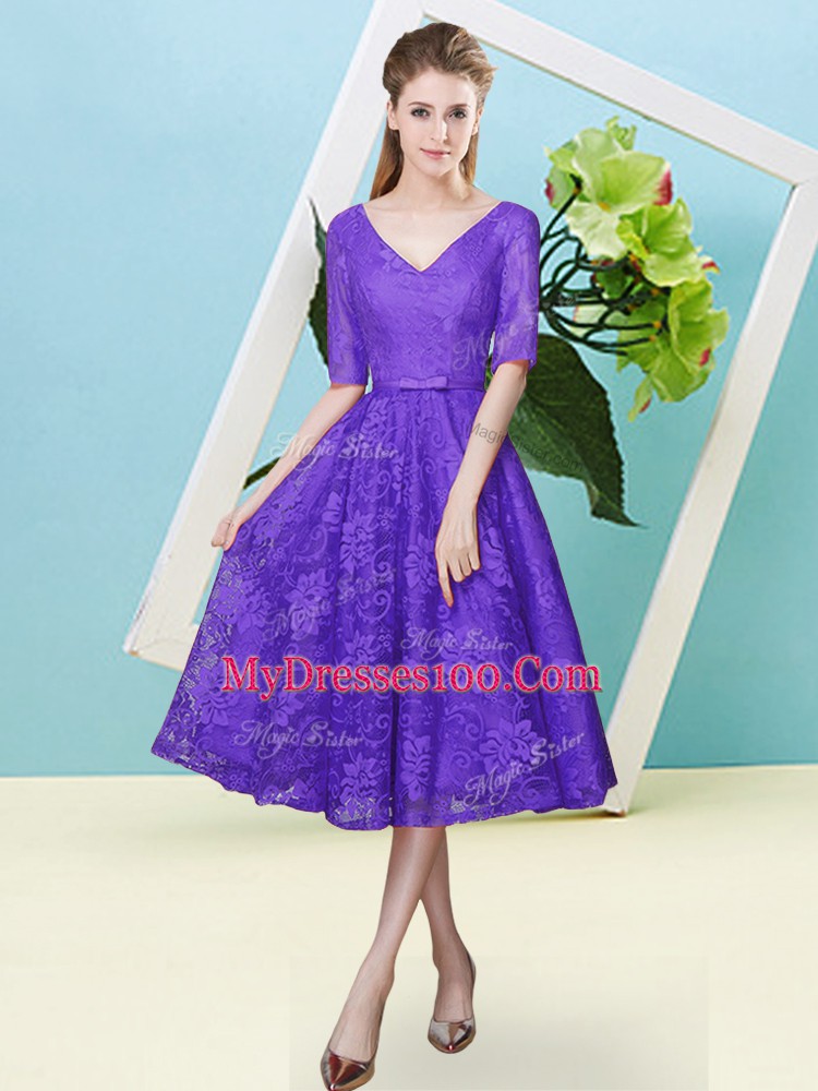 V-neck Half Sleeves Lace Quinceanera Dama Dress Bowknot Lace Up