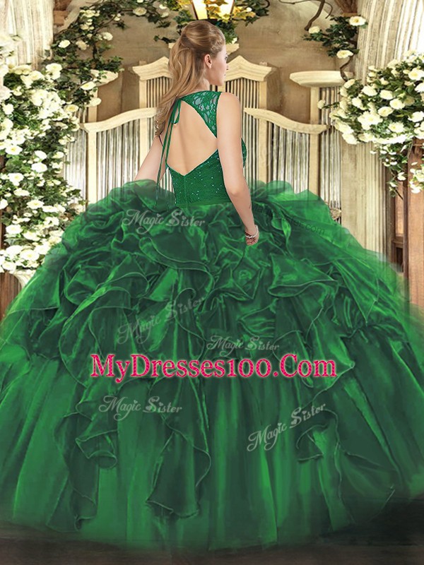New Arrival Floor Length Dark Green 15th Birthday Dress V-neck Sleeveless Zipper