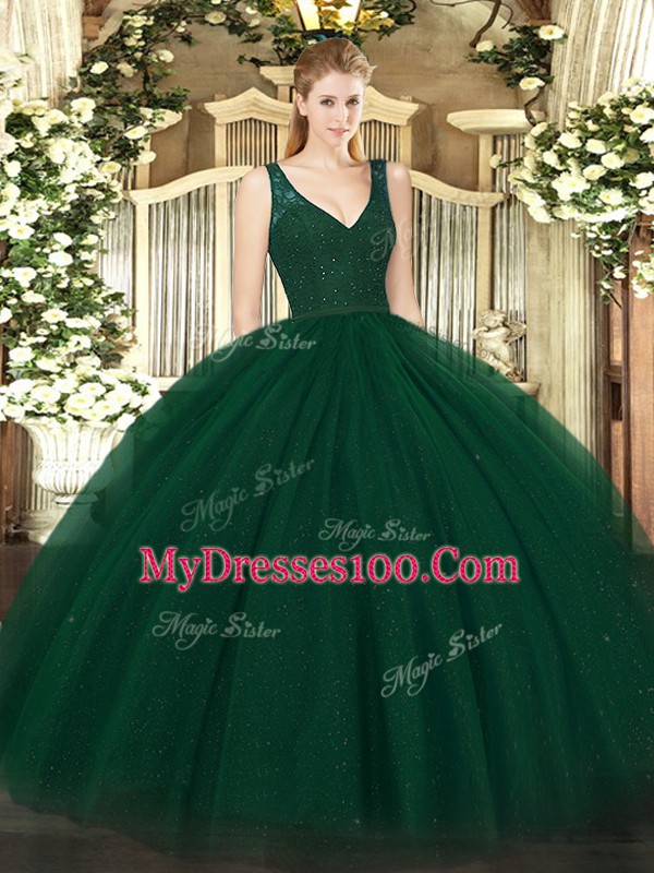 Sophisticated Dark Green Tulle Backless Ball Gown Prom Dress Sleeveless Floor Length Beading and Lace