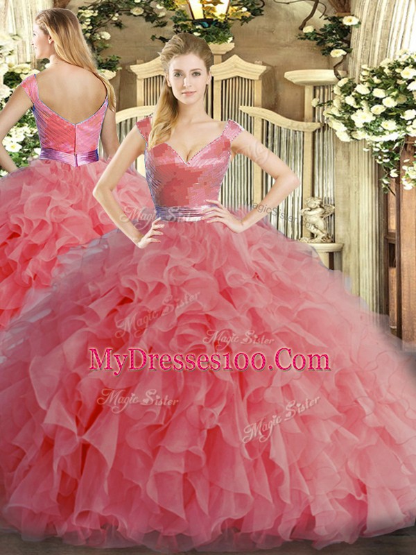 Fashion V-neck Sleeveless Organza Sweet 16 Dresses Ruffles Zipper
