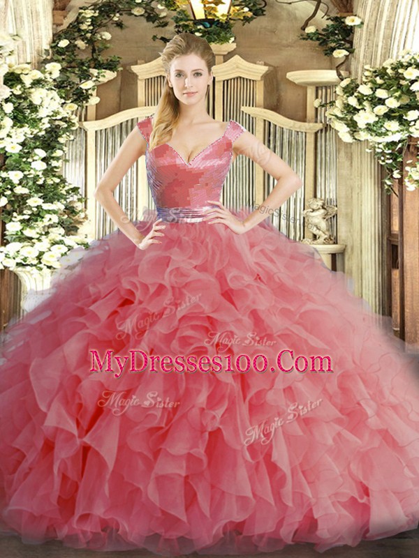 Fashion V-neck Sleeveless Organza Sweet 16 Dresses Ruffles Zipper