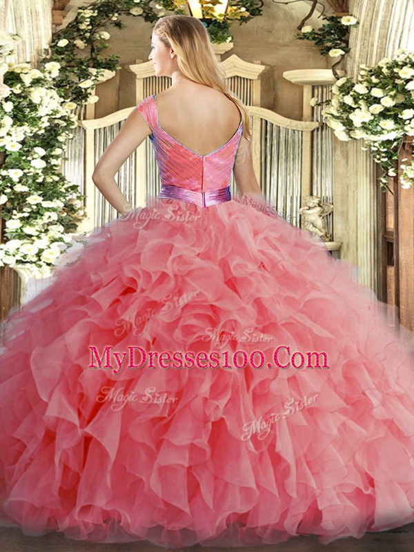 Fashion V-neck Sleeveless Organza Sweet 16 Dresses Ruffles Zipper