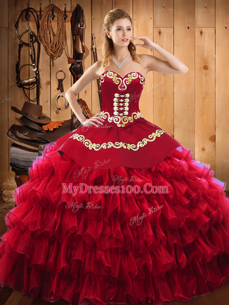 Wine Red Ball Gowns Embroidery and Ruffled Layers Quinceanera Dresses Lace Up Satin and Organza Sleeveless Floor Length
