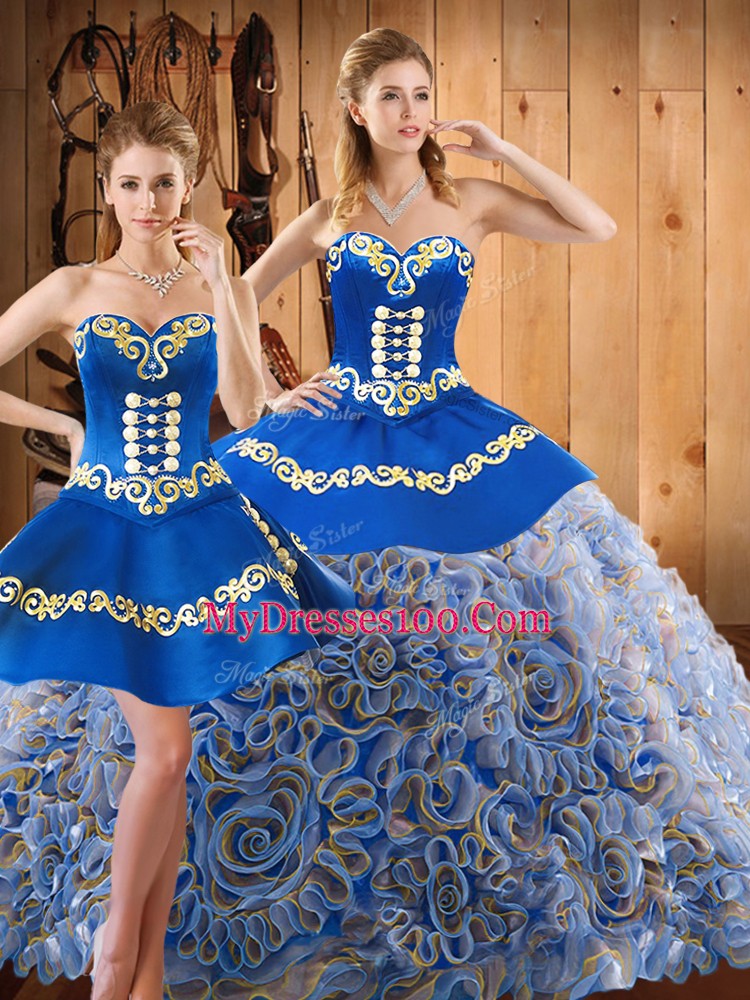 Dynamic Satin and Fabric With Rolling Flowers Sleeveless With Train Quinceanera Gown Sweep Train and Embroidery