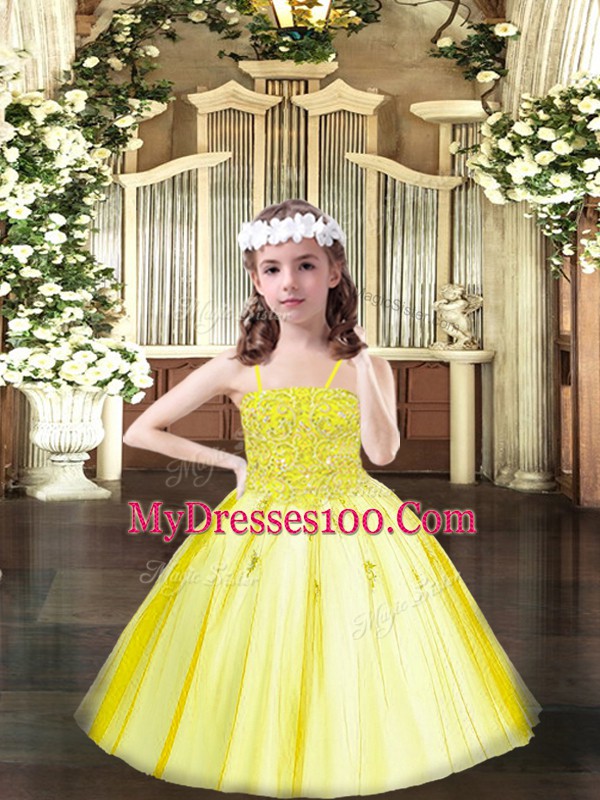 Perfect Yellow Sleeveless Floor Length Beading Lace Up Little Girls Pageant Dress Wholesale