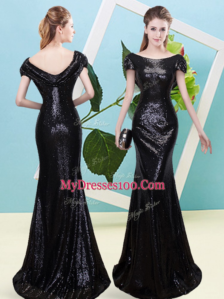 Black Mermaid Scoop Cap Sleeves Sequined Floor Length Zipper Sequins Homecoming Dress