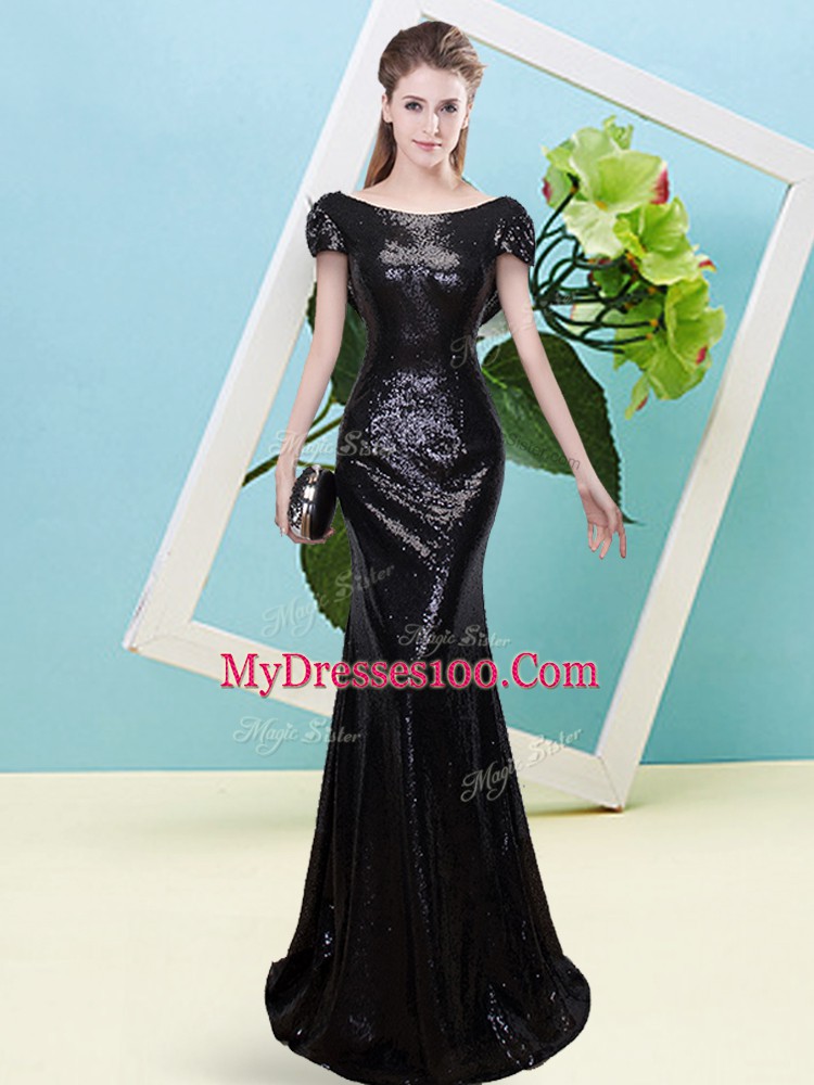 Black Mermaid Scoop Cap Sleeves Sequined Floor Length Zipper Sequins Homecoming Dress