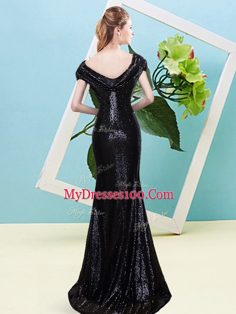 Black Mermaid Scoop Cap Sleeves Sequined Floor Length Zipper Sequins Homecoming Dress