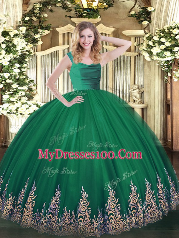 Pretty Dark Green Tulle Zipper Straps Sleeveless Floor Length Quinceanera Dress Lace and Appliques