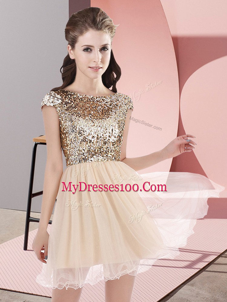Great A-line Vestidos de Damas Champagne Scoop Tulle Cap Sleeves Mini Length Zipper
