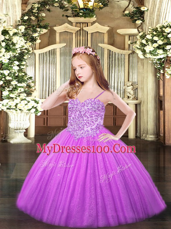 Stylish Lilac Tulle Lace Up Spaghetti Straps Sleeveless Floor Length Kids Formal Wear Appliques