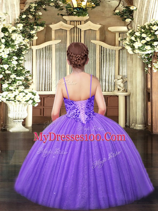 Stylish Lilac Tulle Lace Up Spaghetti Straps Sleeveless Floor Length Kids Formal Wear Appliques