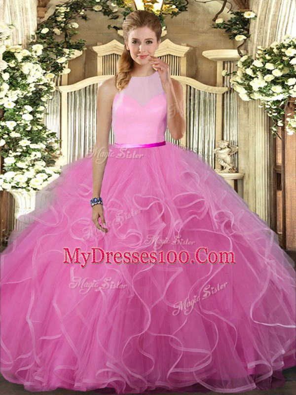 Rose Pink Sleeveless Tulle Backless Sweet 16 Dress for Military Ball and Sweet 16 and Quinceanera