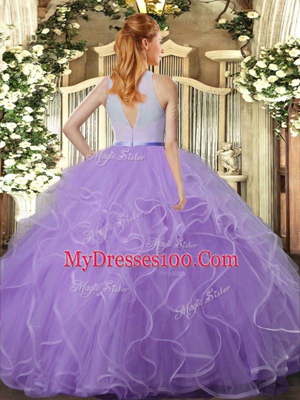 Rose Pink Sleeveless Tulle Backless Sweet 16 Dress for Military Ball and Sweet 16 and Quinceanera