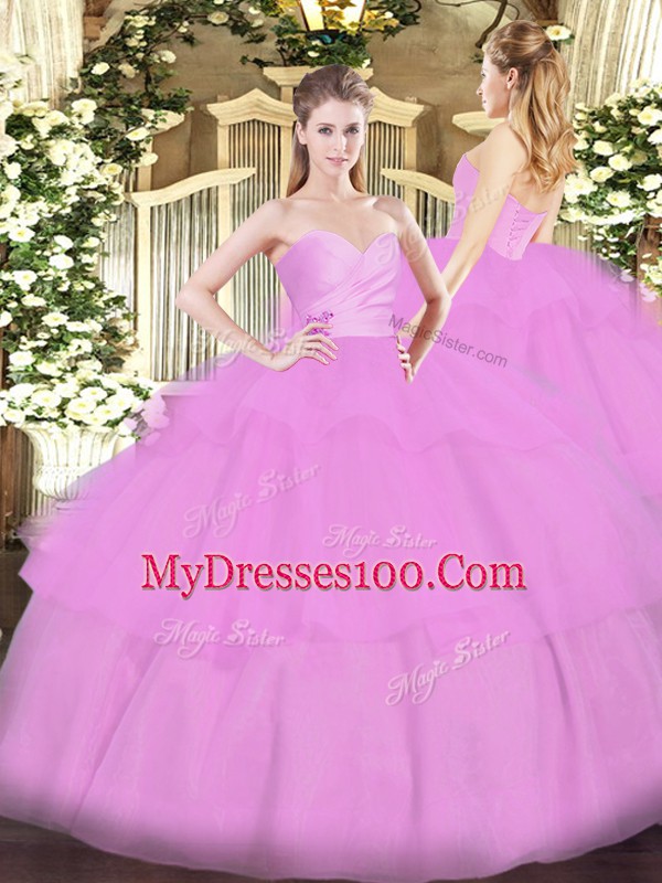 Lilac Quince Ball Gowns Military Ball and Sweet 16 and Quinceanera with Beading and Ruffled Layers Sweetheart Sleeveless Lace Up