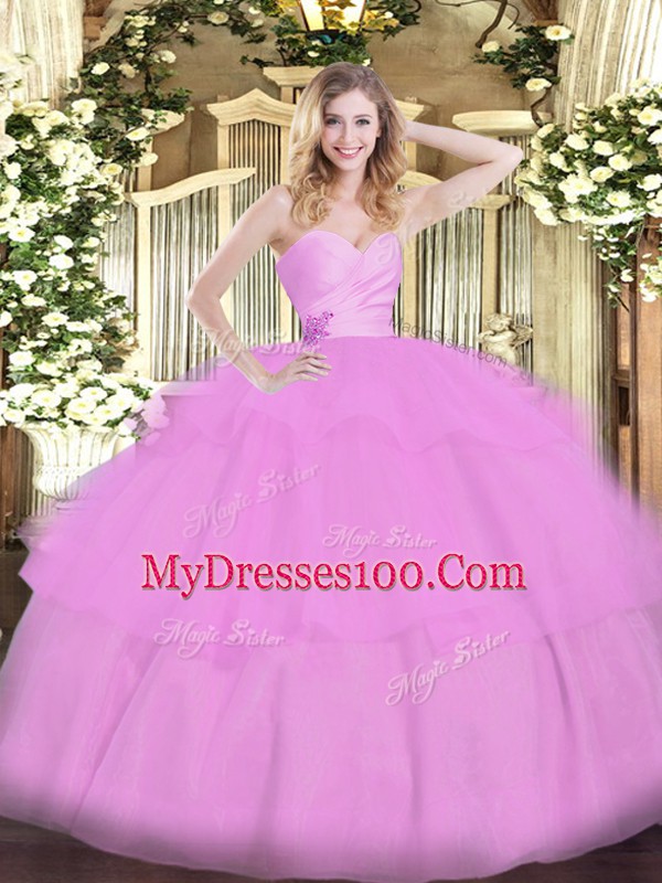 Lilac Quince Ball Gowns Military Ball and Sweet 16 and Quinceanera with Beading and Ruffled Layers Sweetheart Sleeveless Lace Up