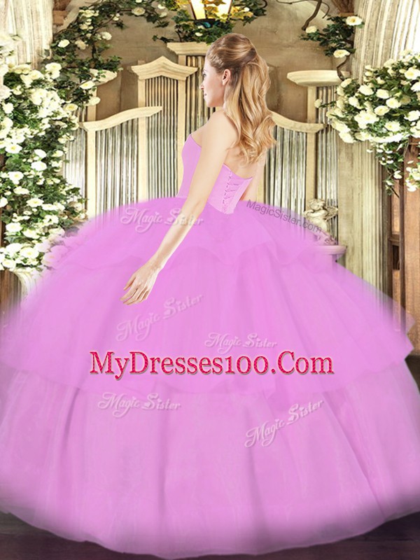 Lilac Quince Ball Gowns Military Ball and Sweet 16 and Quinceanera with Beading and Ruffled Layers Sweetheart Sleeveless Lace Up