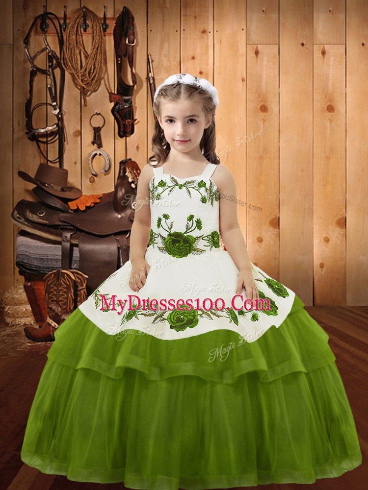 Most Popular Olive Green Ball Gowns Organza Straps Sleeveless Embroidery and Ruffled Layers Floor Length Lace Up Kids Pageant Dress
