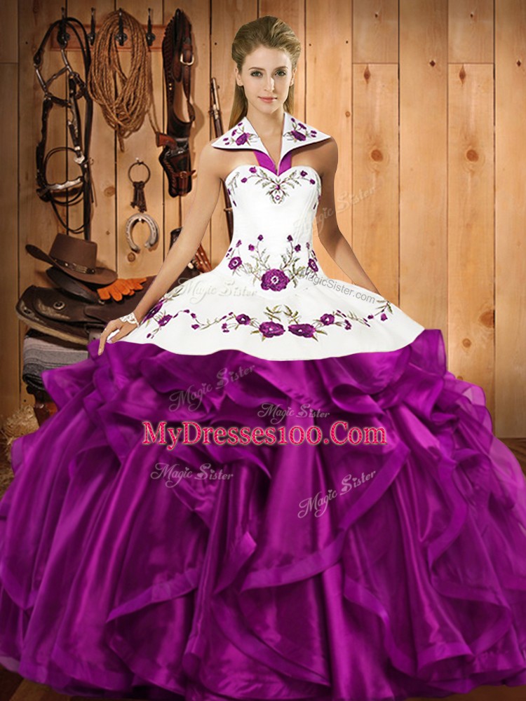 Fine Eggplant Purple Ball Gowns Embroidery and Ruffles Quince Ball Gowns Lace Up Organza Sleeveless Floor Length