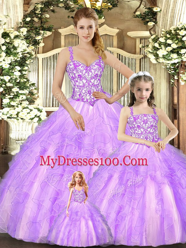 Excellent Lilac Ball Gowns Beading and Ruffles Ball Gown Prom Dress Lace Up Organza Sleeveless Floor Length