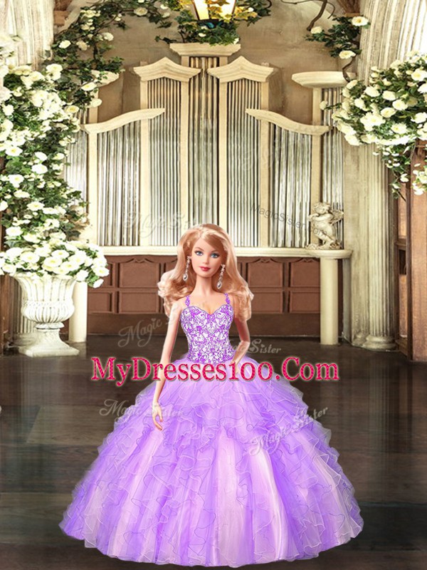 Excellent Lilac Ball Gowns Beading and Ruffles Ball Gown Prom Dress Lace Up Organza Sleeveless Floor Length
