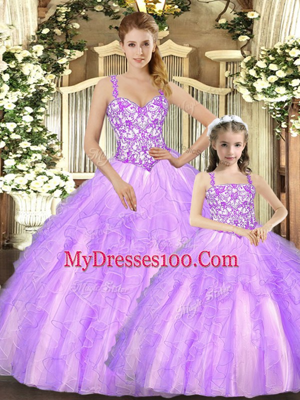 Excellent Lilac Ball Gowns Beading and Ruffles Ball Gown Prom Dress Lace Up Organza Sleeveless Floor Length