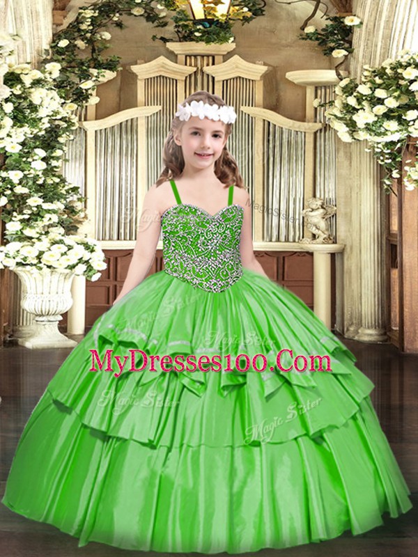 Green Organza Lace Up Straps Sleeveless Floor Length Evening Gowns Beading and Ruffled Layers