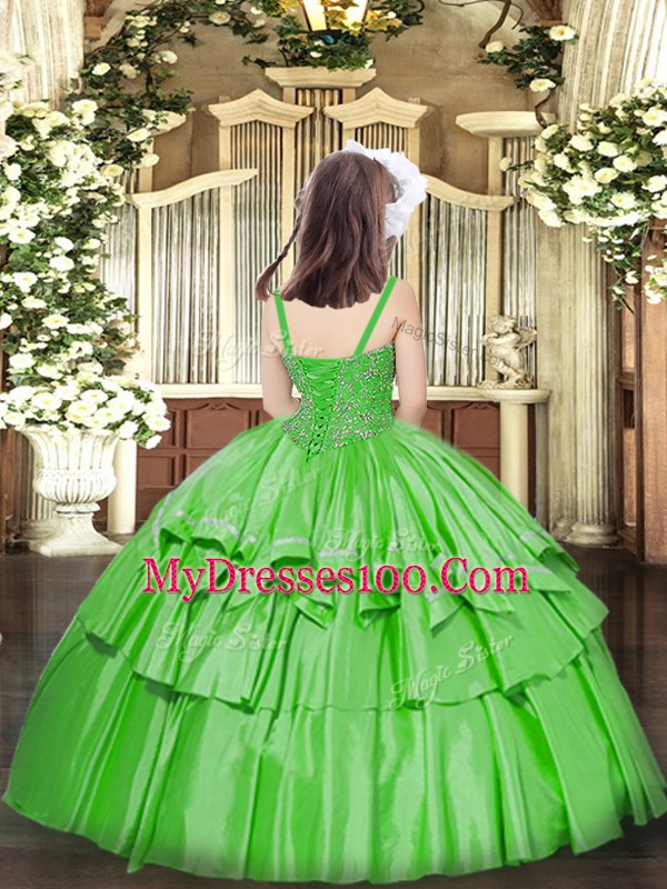 Green Organza Lace Up Straps Sleeveless Floor Length Evening Gowns Beading and Ruffled Layers