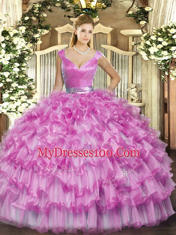 Floor Length Lilac Ball Gown Prom Dress V-neck Sleeveless Zipper