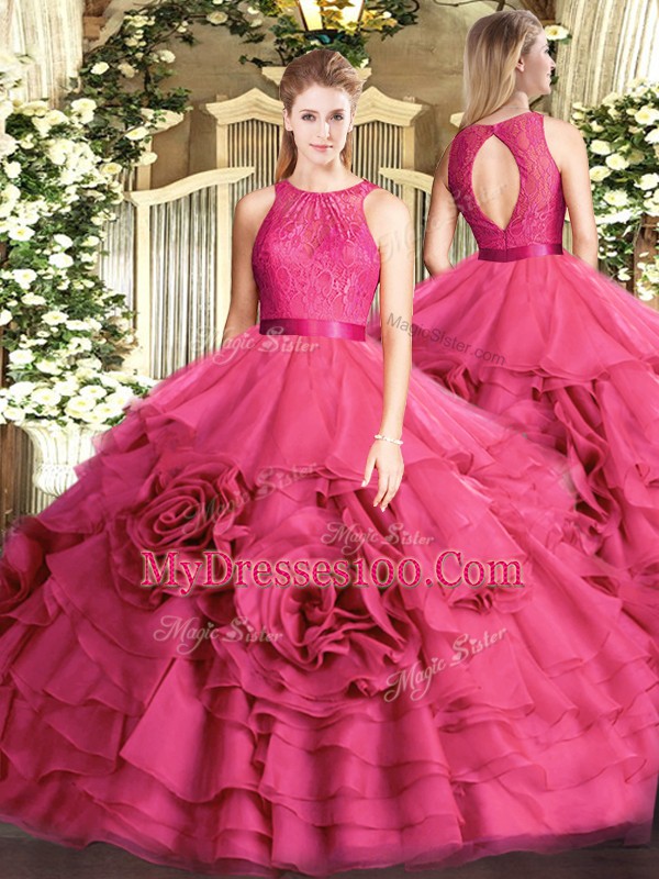 Customized Floor Length Ball Gowns Sleeveless Hot Pink Ball Gown Prom Dress Zipper
