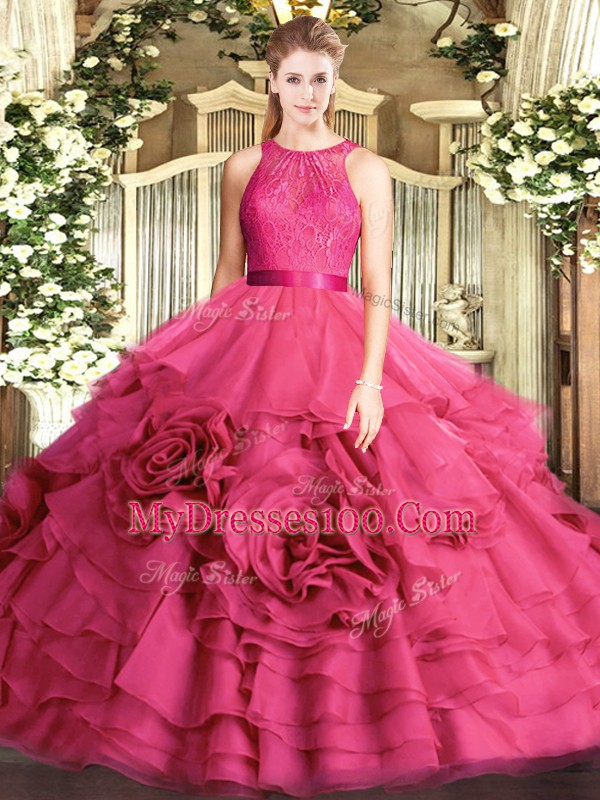 Customized Floor Length Ball Gowns Sleeveless Hot Pink Ball Gown Prom Dress Zipper