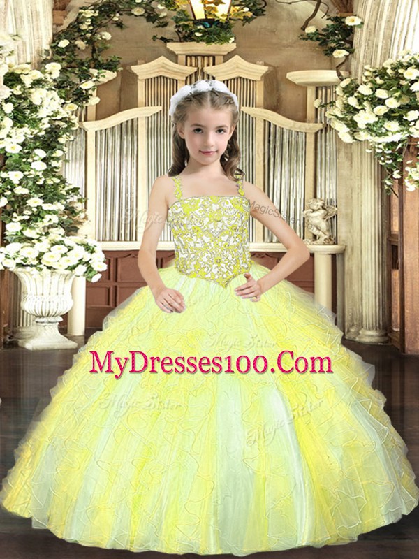 Gorgeous Yellow Green Sleeveless Beading and Ruffles Floor Length Child Pageant Dress