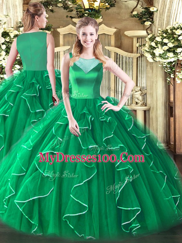 Hot Selling Turquoise Sleeveless Floor Length Beading and Ruffles Side Zipper 15 Quinceanera Dress