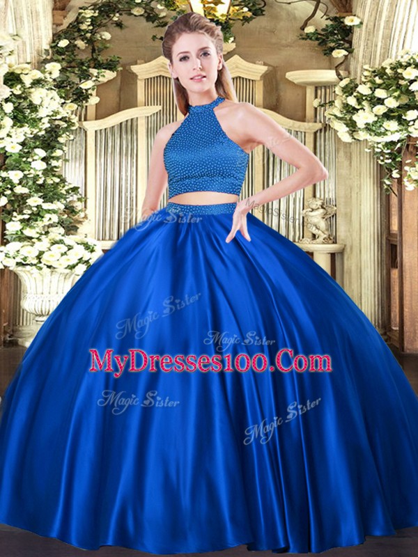 Floor Length Backless Sweet 16 Dresses Royal Blue for Military Ball and Sweet 16 and Quinceanera with Beading