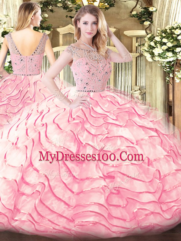 Baby Pink Quince Ball Gowns Military Ball and Sweet 16 and Quinceanera with Beading and Ruffled Layers Bateau Sleeveless Sweep Train Zipper