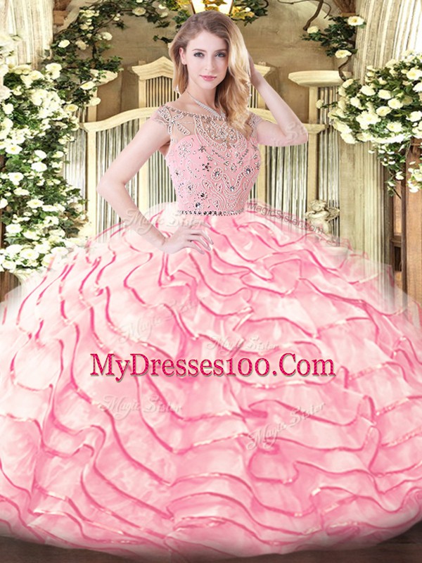 Baby Pink Quince Ball Gowns Military Ball and Sweet 16 and Quinceanera with Beading and Ruffled Layers Bateau Sleeveless Sweep Train Zipper