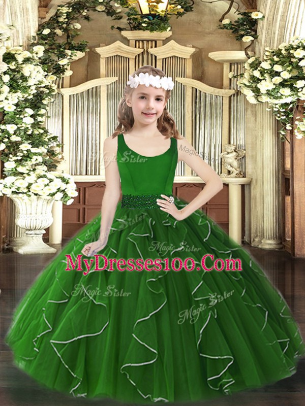 Dark Green Scoop Zipper Beading and Ruffles Little Girl Pageant Gowns Sleeveless